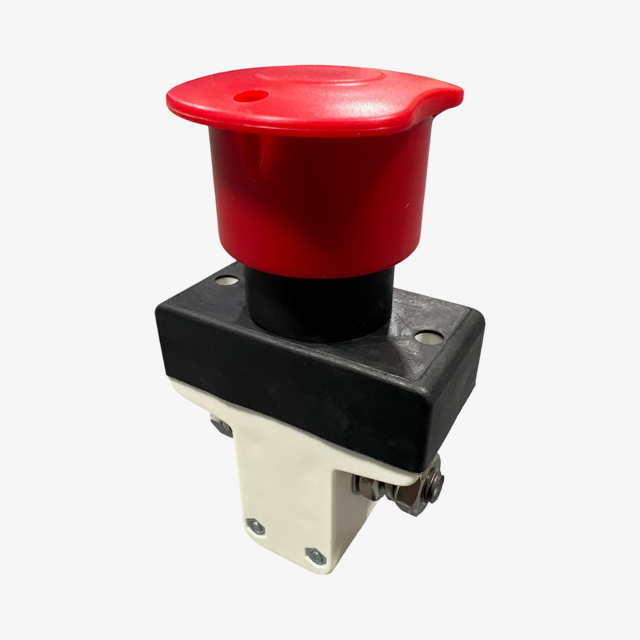 Side view of EP Equipment emergency stop switch showing heavy-duty electrical terminals