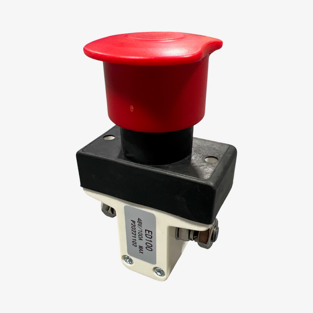 ED100 emergency stop switch label showing 48V 100A rating on EP Equipment component