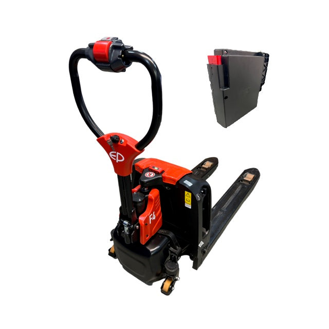 EP Equipment F4 electric pallet truck showing control handle and battery