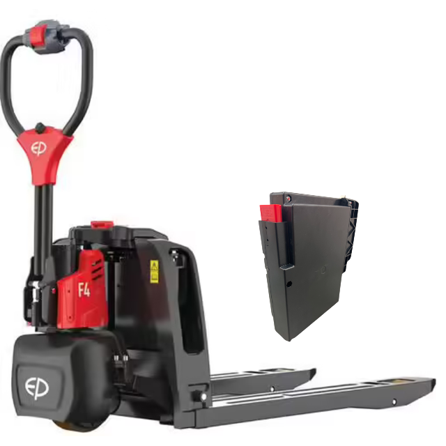 Side view of EP F4 electric pallet truck in warehouse setting