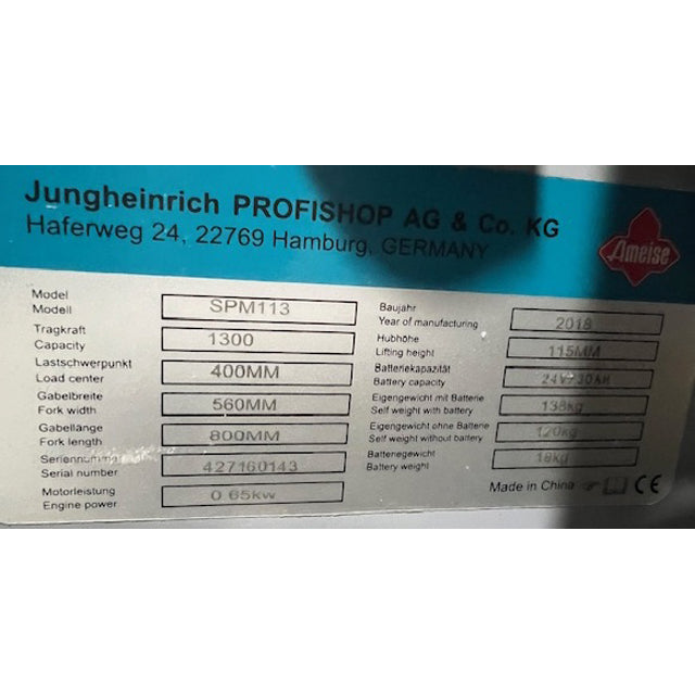 Jungheinrich Ameise SPM113 - 1300kg Electric Pallet Truck
