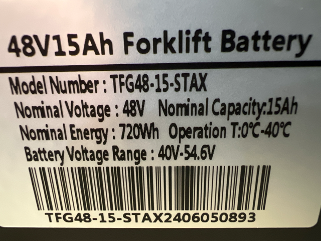Ningbo Staxx TFG48-15-STAX 48V 15A Forklift Battery 10301091