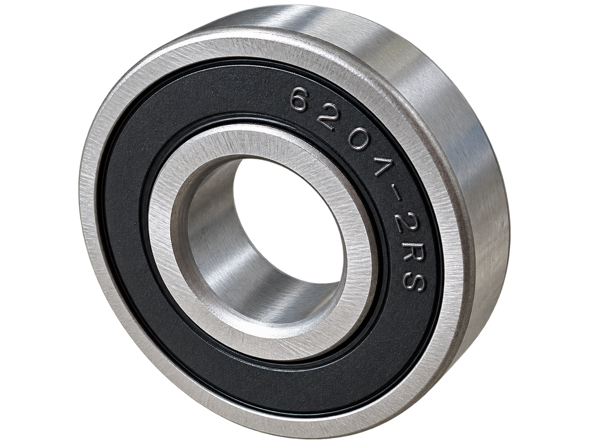 6204-2RS sealed ball bearing with steel inner and outer rings, black rubber seals and 12mm bore – replacement pallet truck wheel bearing.