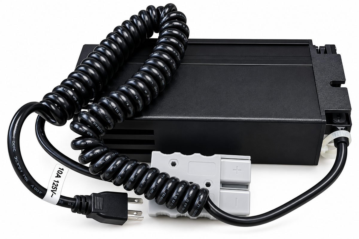 EP Equipment CK10-560012-00 JX1 110V 30A battery charger assembly with coiled cable and connector for JX1-126, JX1-142 and JX1-162