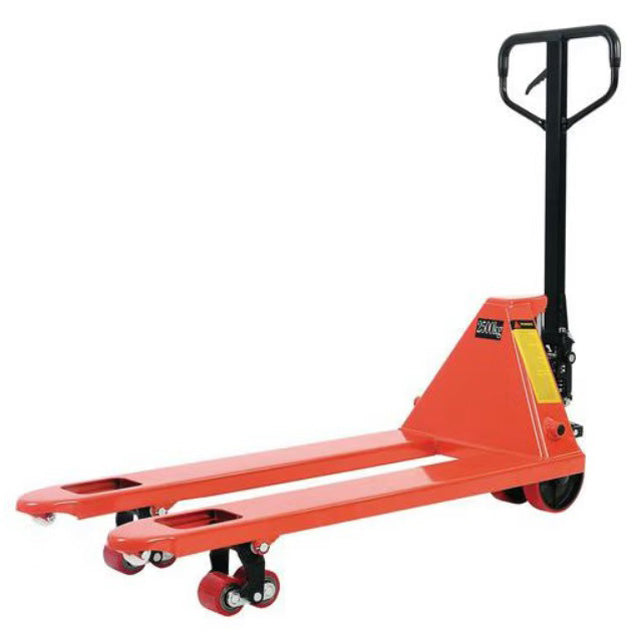 Hand pallet truck with polyurethane wheels and tandem rollers