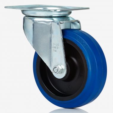 Swivel Castor 80mm x 35mm Blue Rubber Wheel And Roller Bearings